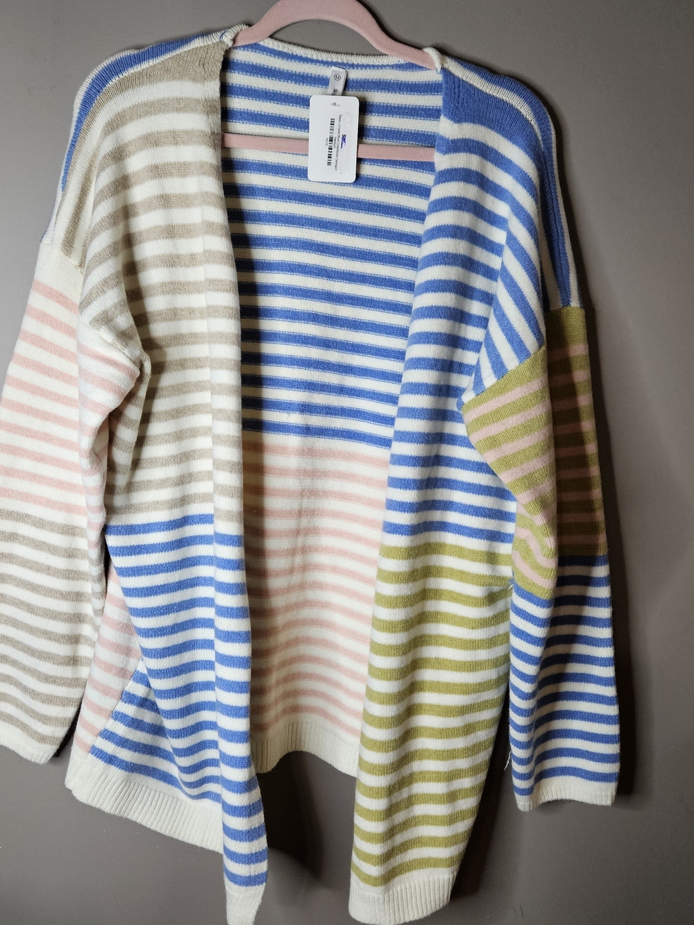 Wishlist Striped Open-Front Cardigan in Blue, Pink, Olive and Cream Ptp 25"